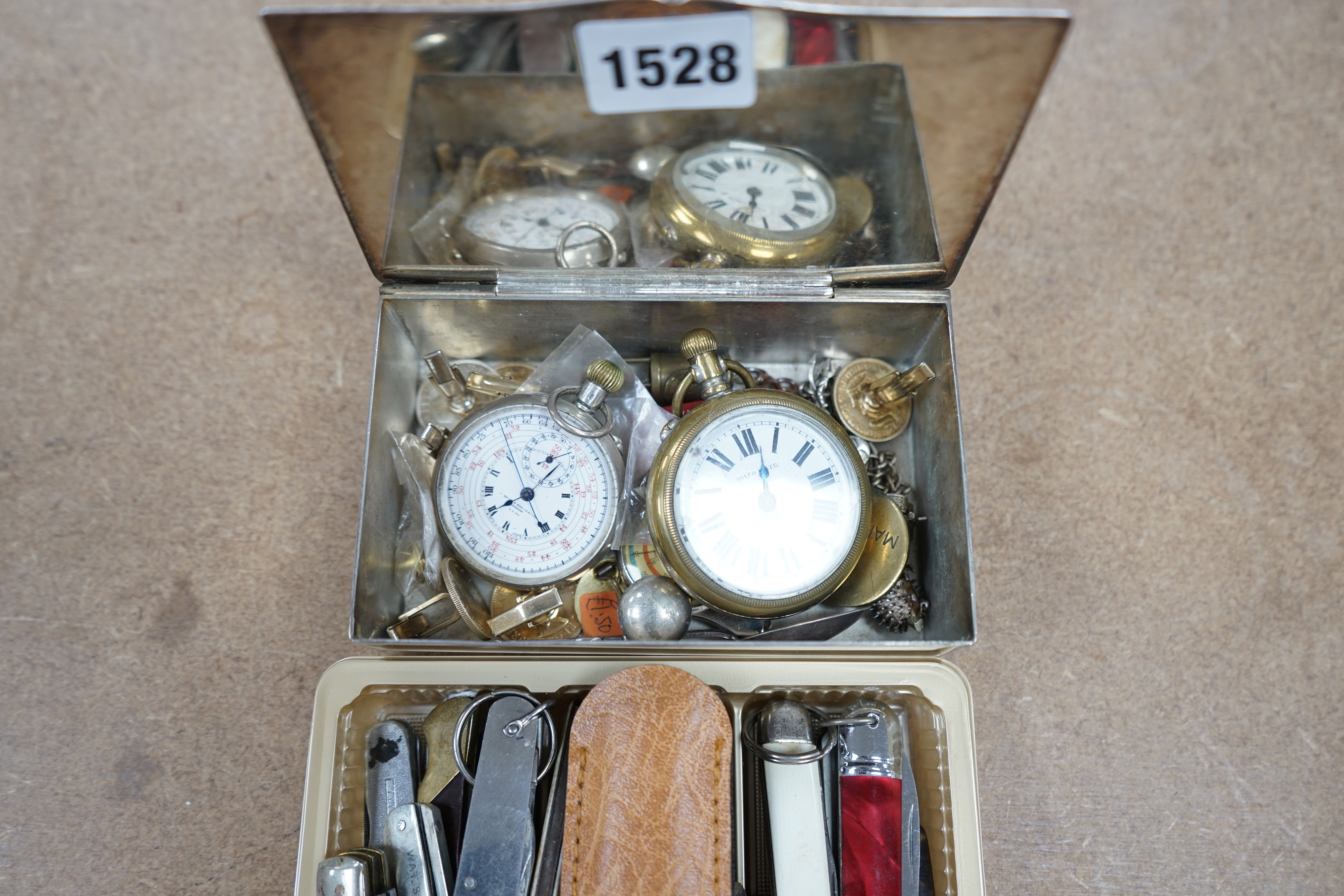 A collection of pen knives, a pocket watch stop watch and mixed collectables